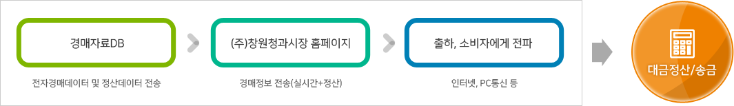 '경매자료DB[전자경매데이터 및 정산데이터 전송]' → '(주)창원청과시장 홈페이지[경매정보 전송(실시간+정산)]' → '출하, 소비자에게 전파[인터넷, PC 통신 등]' → 대금정산/송금